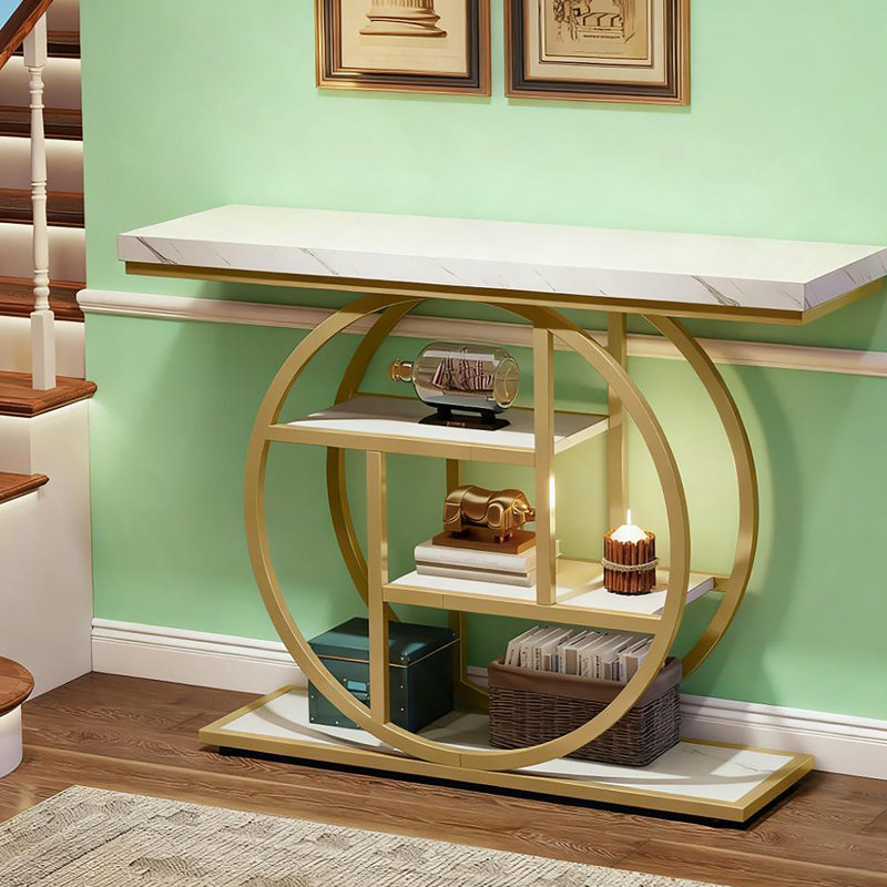 Console étroite de 41,3 pouces avec base circulaire, élégants détails blancs et dorés pour un décor industriel moderne, Blanc