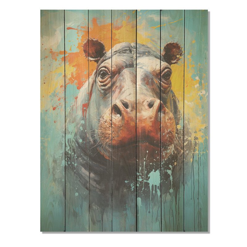 Popart Hippos World - Hippopotame sur bois, H 44 po x l 34 po