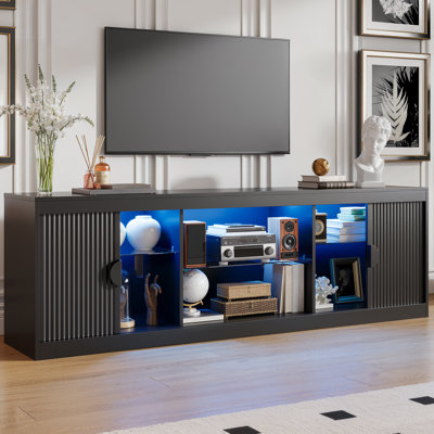 Meuble télé 70 po pour téléviseur de 80 po ou moins avec lumières DEL, tablettes en verre et rangement ouvert, noir