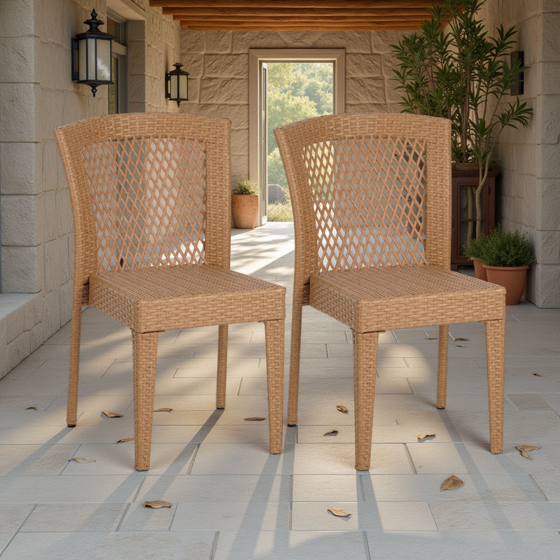 Ensemble de 2 chaises de patio d'extérieur en osier empilables avec structure en fer et dossier ouvert, Brun
