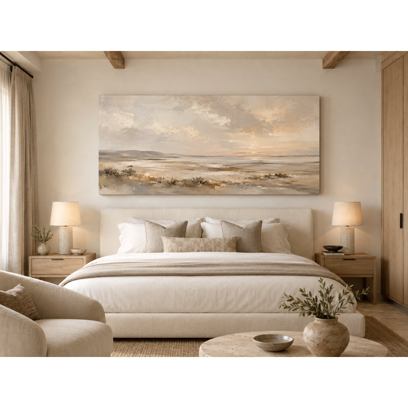Coucher de soleil beige chaleureux sur un paysage côtier enveloppé d'Iraima, L 55 po x H 27,5 po x P 1,5 po
