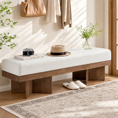 Banc à chaussures de 55,1 pouces avec coussin en fausse laine d'agneau pour le salon de la chambre à coucher
