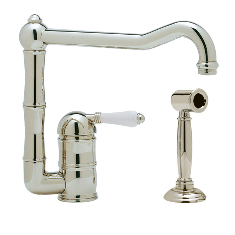 Acqui® Single Handle Kitchen Faucet, Tuscan Brass, With Side Spray, Porcelain Lever Handle