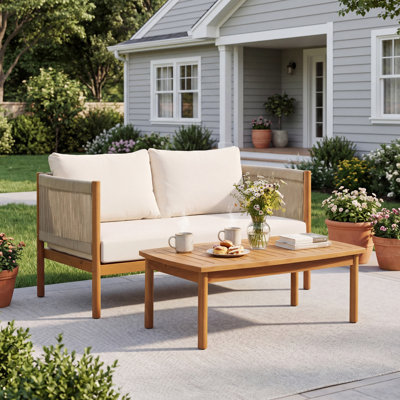 Outdoor Loveseat And Coffee Table Set With Acacia Wood Frame In Teak Look, Beige Rope Panels And Cream Cushions