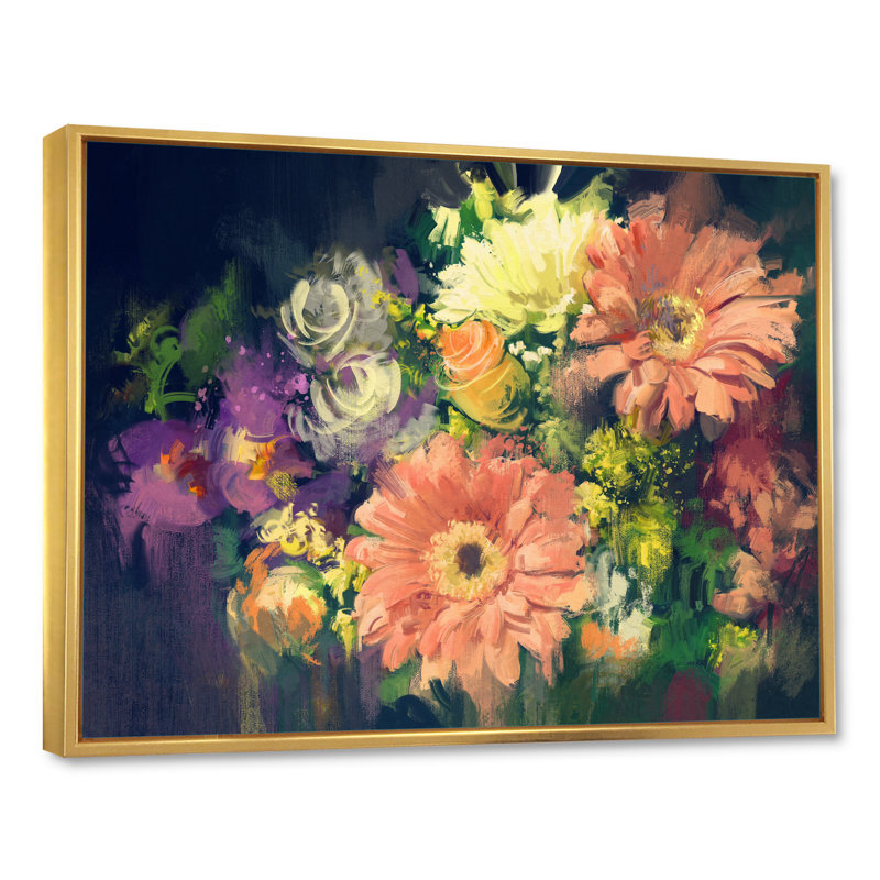 «Grunge Pastel Bouquet Of Flowers», reproduction sur toile, H 16 po x l 32 po x P 1 po, Cadre flottant doré