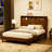 Queen Size Bed Frame With Storage Headboard, Built-In Charging Station, Wavy Curved Lines Design, Silent Operation, Metal Support, Walnut-438327683-438327682