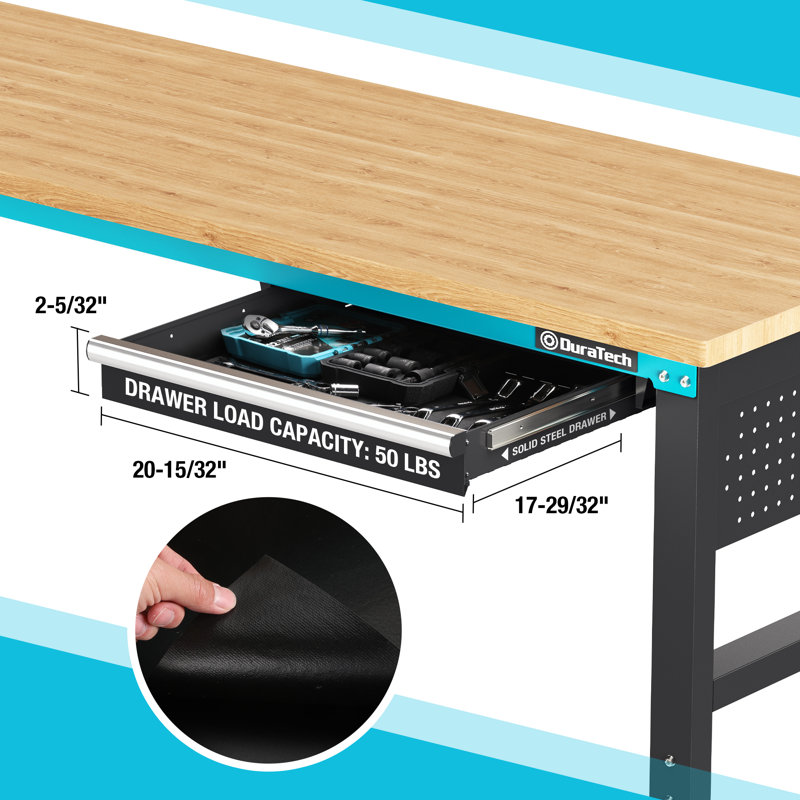 DURATECH 72” Adjustable Workbench, Heavy-Duty Rubber Wooden Top Worktable With A Drawer, 6Ft Workstation With Power Strip, Peg Board, 2000 LBS Load Capacity, For Workshop, Garage, Office, Home