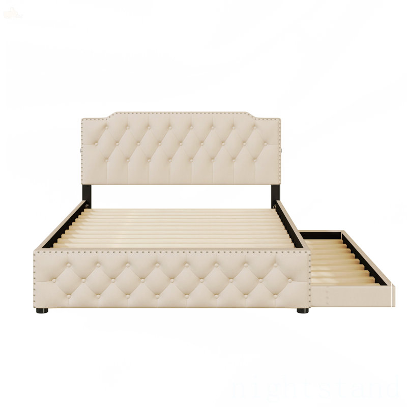 Grand lit plateforme tapissier avec lit gigogne simple, Gris
