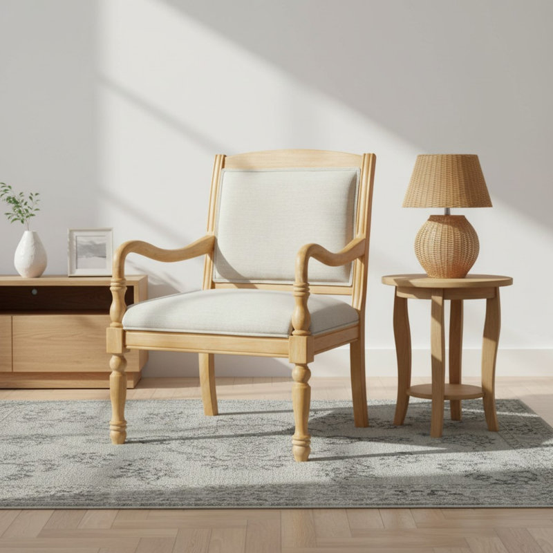Chaise d'appoint rembourrée avec structure en bois d'hévéa, fauteuil avec pieds tournés, Natural