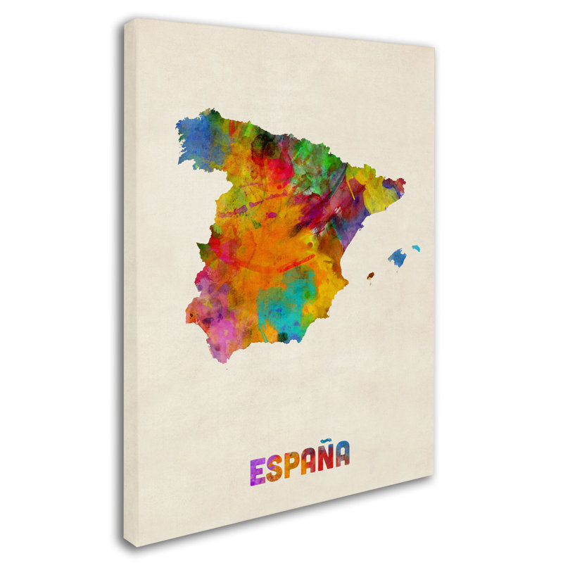 « spain aquarelle map » par michael tompsett, reproduction d’art sur toile tendue, H 32 po x l 24 po x P 2 po
