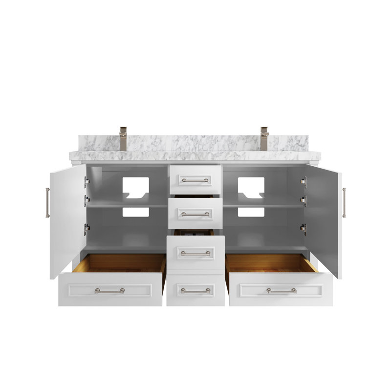 Aberdeen 60" White Solid Wood Double Sink Vanity with Carrara Marble Top