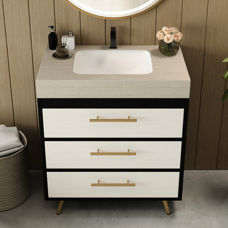 Meuble-lavabo rustique avec lavabo en céramique et comptoir en pierre frittée. Le meuble-lavabo est fait de matériaux de haute qualité faciles à nettoyer. Le lavabo intégré possède une grande surface de lavage pour une meilleure expérience utilisateur