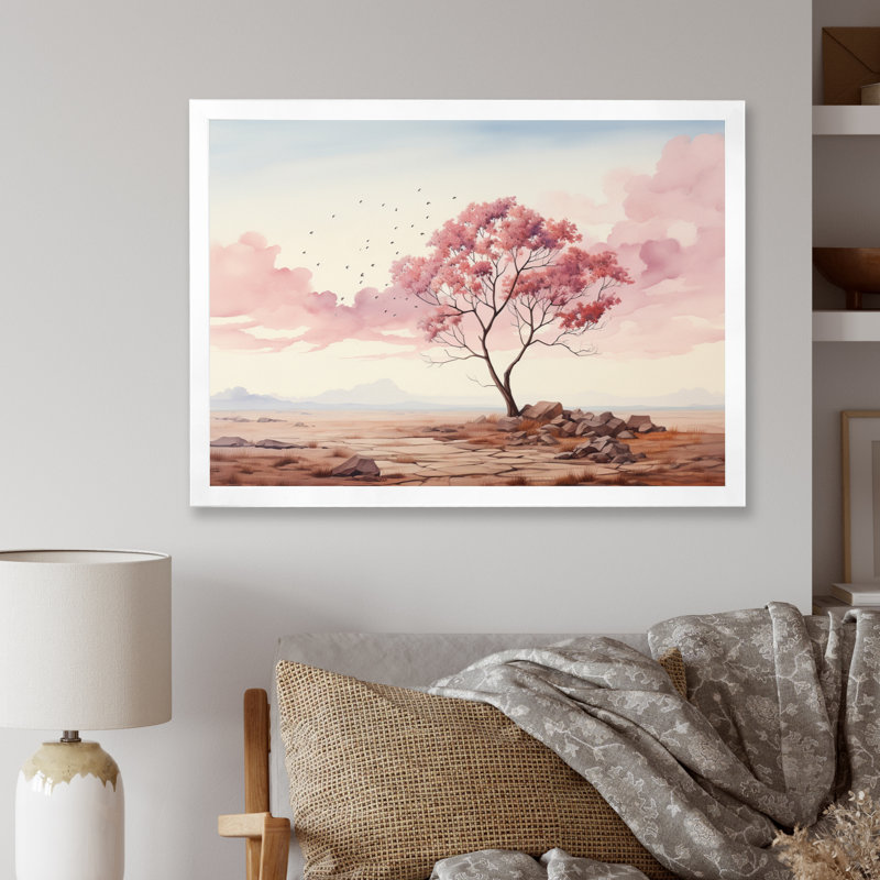Arbre de minimalisme rose solitude III, Cadre photo blanc, H 24 po x l 32 po x P 1 po