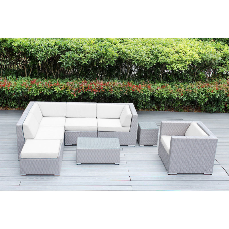 Ensemble de conversation en osier pour 6 personnes avec coussins - aucun assemblage, Toile Sunbrella® naturel
