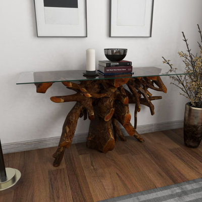Teak Wood Handmade Live Edge Tree Stump Console Table with Clear Glass Top