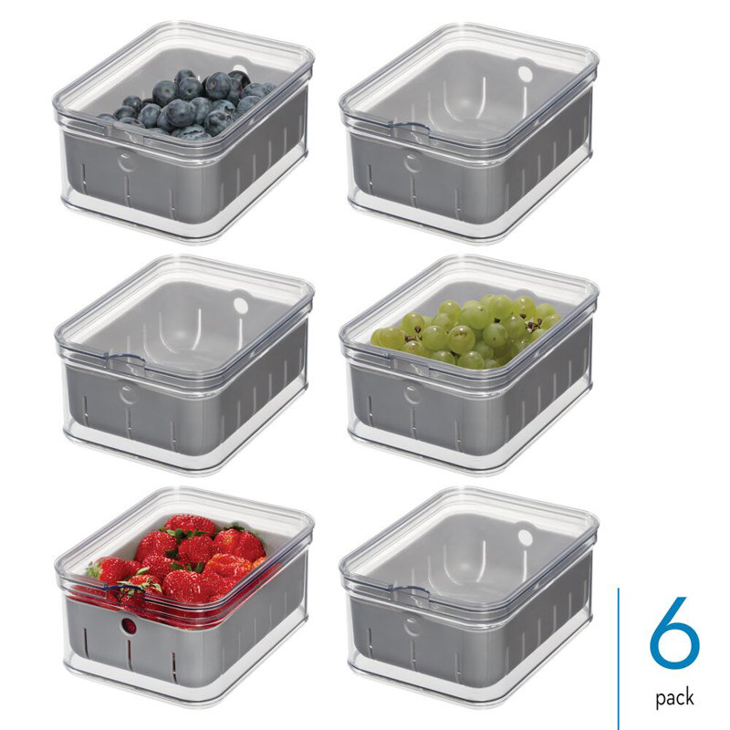 iDesign Berry Bin with Removable Colander and Lid - Set of 6, Clear/Gray
