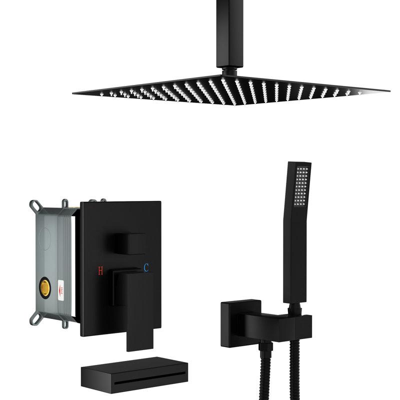 Matte Black Ceiling Shower Unit: 12" Square Rainfall, Handheld & Tub Spout Apparatus: 12 Inch Mount,, Matte Black