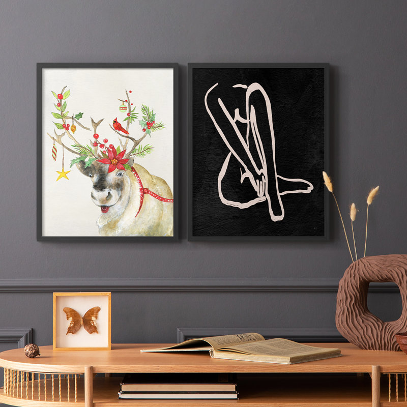 Playful Reindeer II - reproduction encadrée de qualité supérieure - prête à être accrochée - aucun clou requis - aucun clou requis