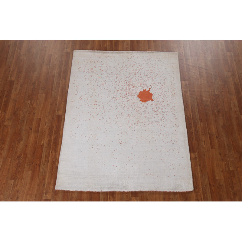 Tapis beige / orange en laine noué à la main de conception unique 4 pi 9 po x 6 pi 4 po New Age