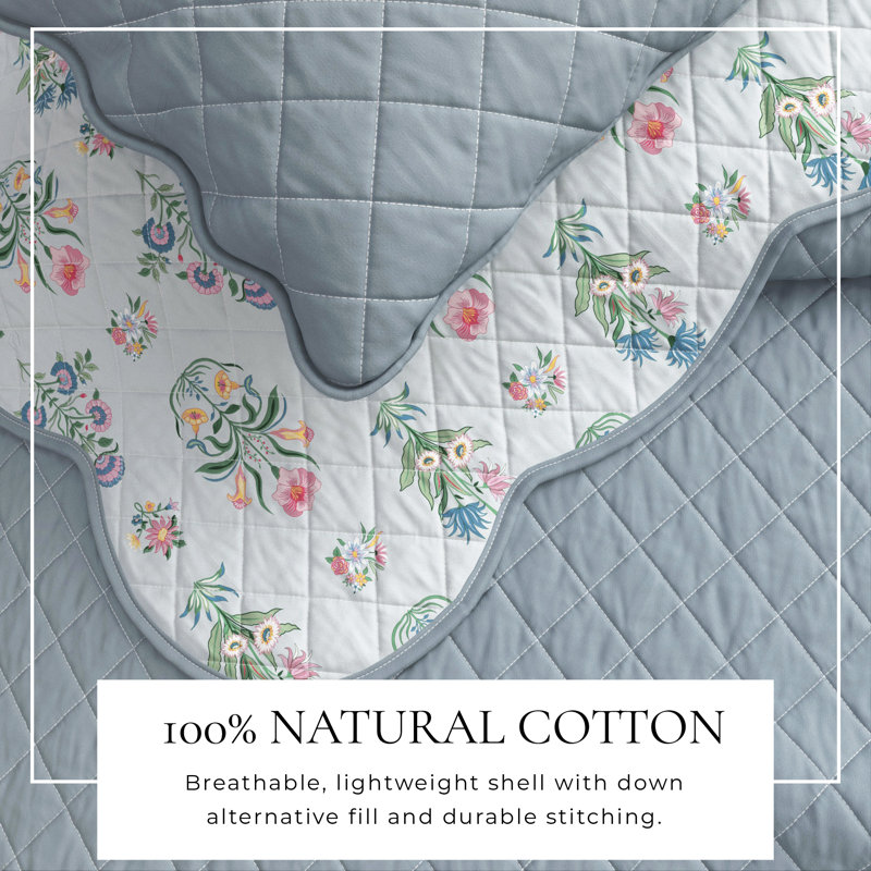 Reversible Floral Print Scallopeded Edge Cotton Quilt Set, Blue Floral, King Quilt + 2 King Shams