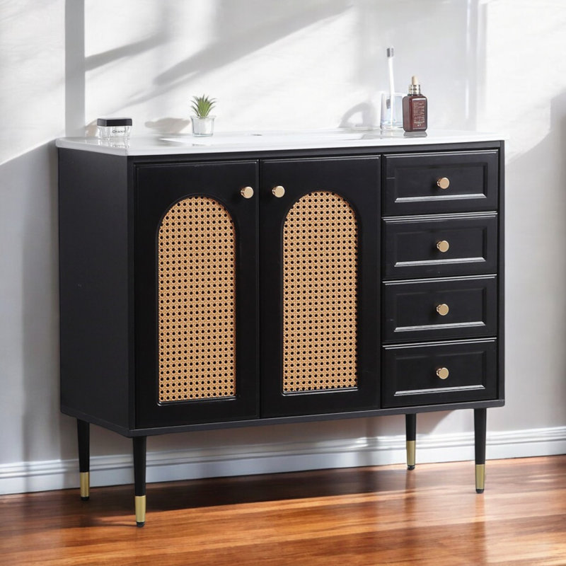 Meuble-lavabo simple 36 po avec comptoir en céramique, assemblage requis, Noir, noir, noir, noir
