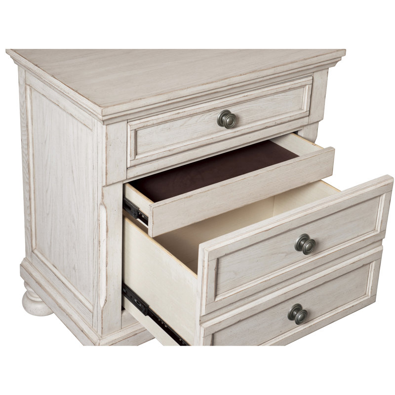 Table de chevet transitionnelle à 2 tiroirs - Mobilier de chambre à coucher en blanc antique