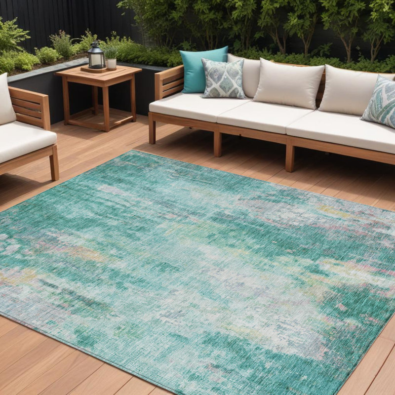 Tapis extérieur lavable abstrait bleu sarcelle pêche / ivoire 5 pi x 8 pi