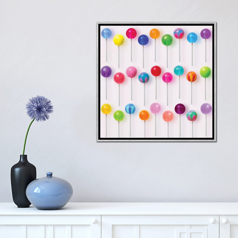 " Colourful Lollipops " by Erin Summer, No Mat, 18'' H x 18'' W x 1.5'' D, Silver Framed