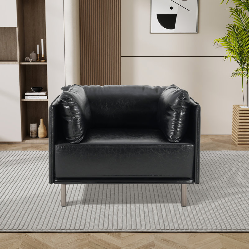 Vintage Faux Leather Square Arm Accent Chair, Black Faux Leather