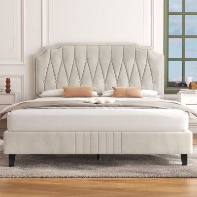 Upholstered Bed Frame with with Diamond Button-Tufted Headboard