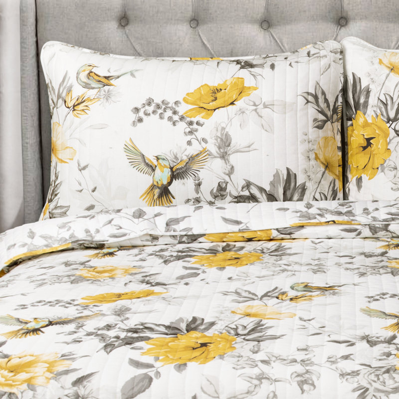 Gray and Yellow Cotton Floral Reversible Full Quilt Set