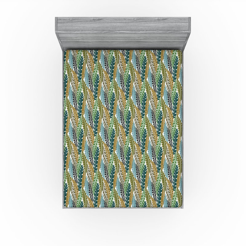 Ambesonne Nature Fitted Sheet Leaves Botanical Style Art, Fawn Mustard/Dark Teal Floral, Queen Fitted Sheet