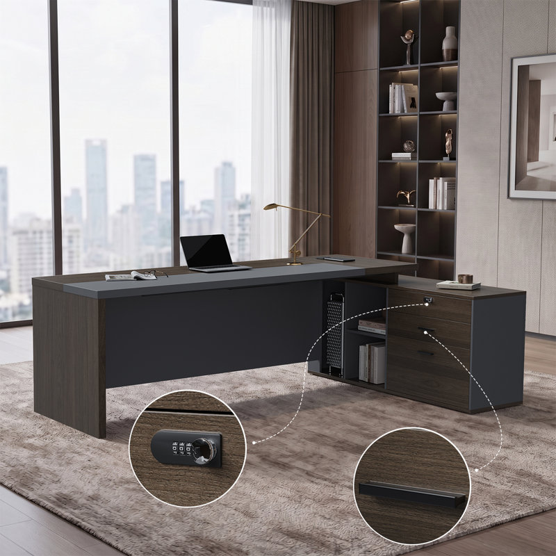 Bureau de direction en L avec rangement pour dossiers suspendus, prises électriques intégrées et tiroir à serrure à combinaison, bureau en noyer
