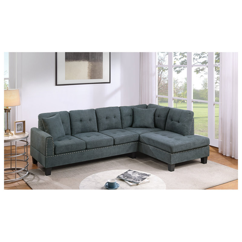 Ensemble de canapé modulaire en L 2 pièces avec méridienne Ash, canapé capitonné en tissu d'aspect velours avec garniture cloutée et coussins décoratifs