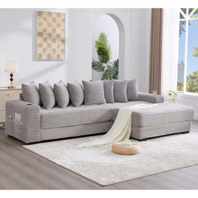 Corduroy Modular L-Shaped Sectional Sofa with Movable Footstool, Cup Holders & 8 Throw Pillows – Functional Couch for Living Room & Bedroom