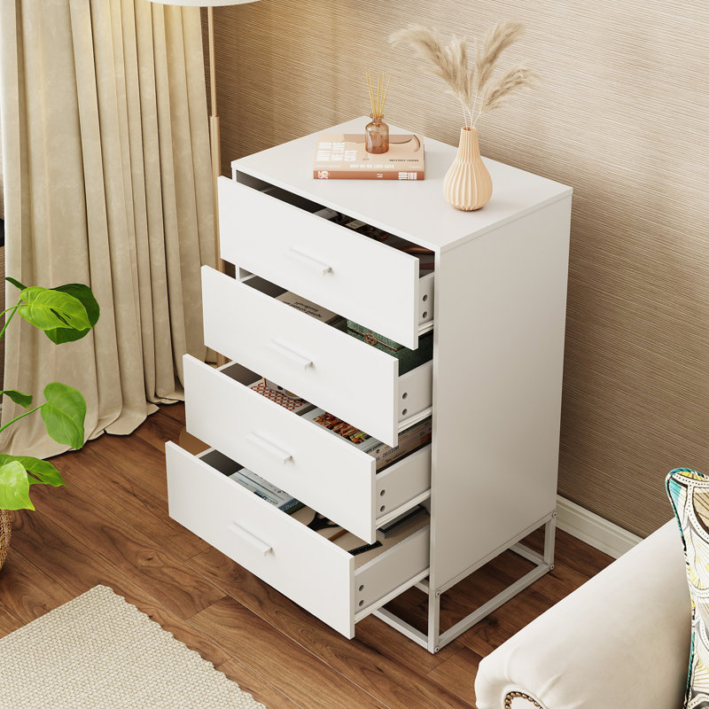 Commode à 4 tiroirs en bois pour chambre Ioannes, commode blanche avec structure en métal robuste, commode de rangement moderne pour placard, vestibule, couloir