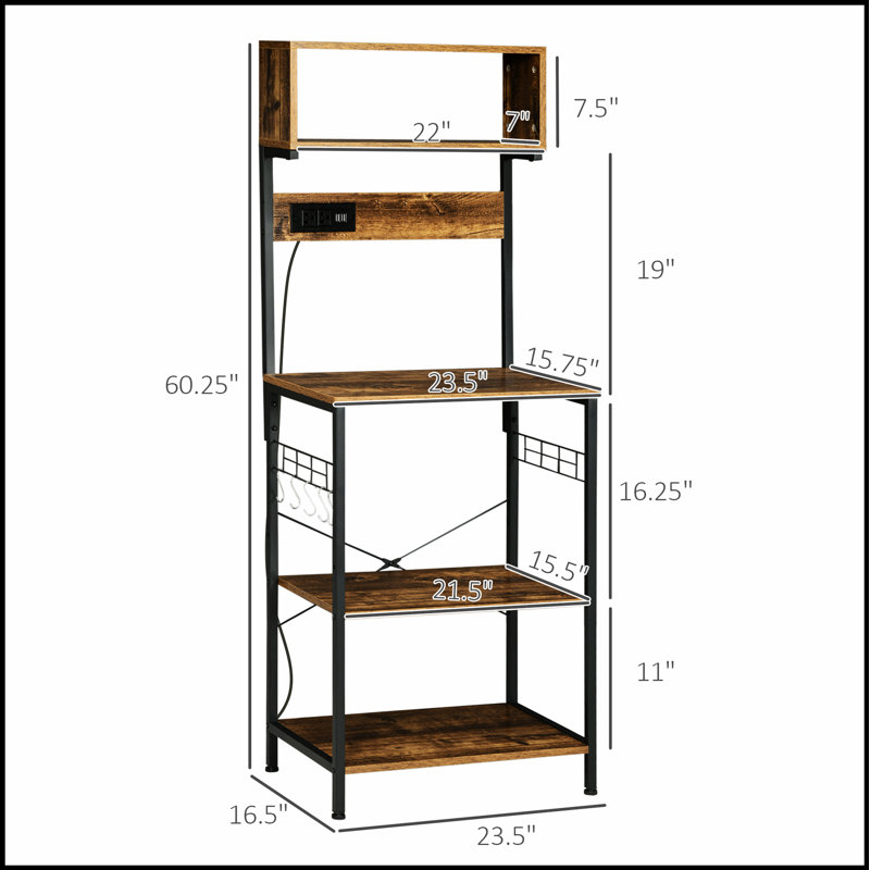 Kitchen Bakers Rack with Power Outlets, USB Chargers, Adjustable Shelves, and Hooks for Modern Storage and Organization