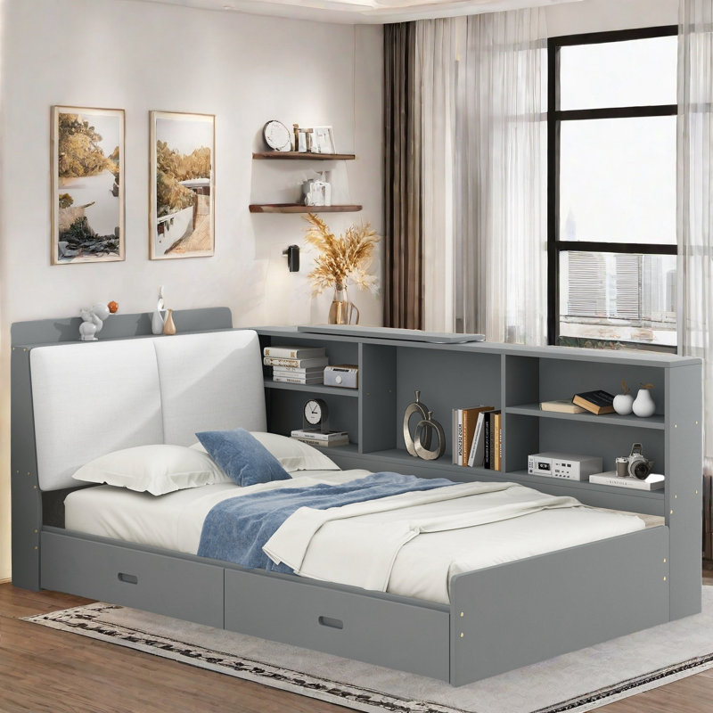 Preslei With Upholstered And Storage Headboard, Rotatable Board, Storage Shelves And 2 Drawers, Grey