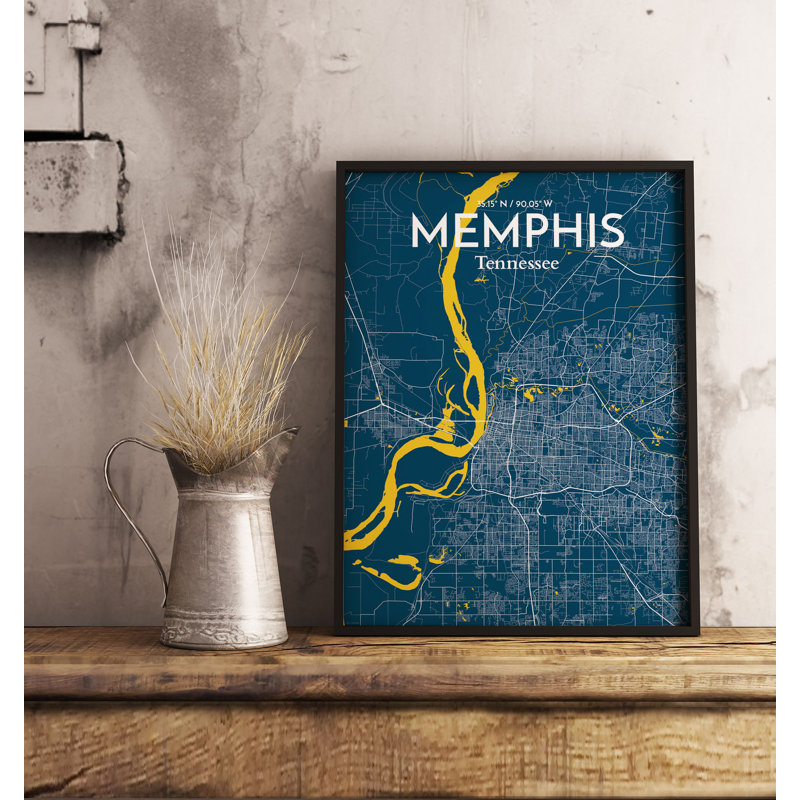 « memphis city map », reproduction d’impression sur affiche en bleu, H 17 po x l 11 po