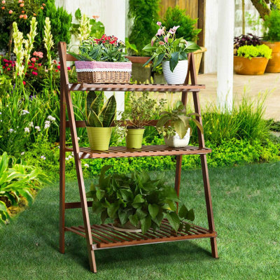 Support pour plante pliable à 3 niveaux en bambou - Présentoir intérieur / extérieur compact et durable