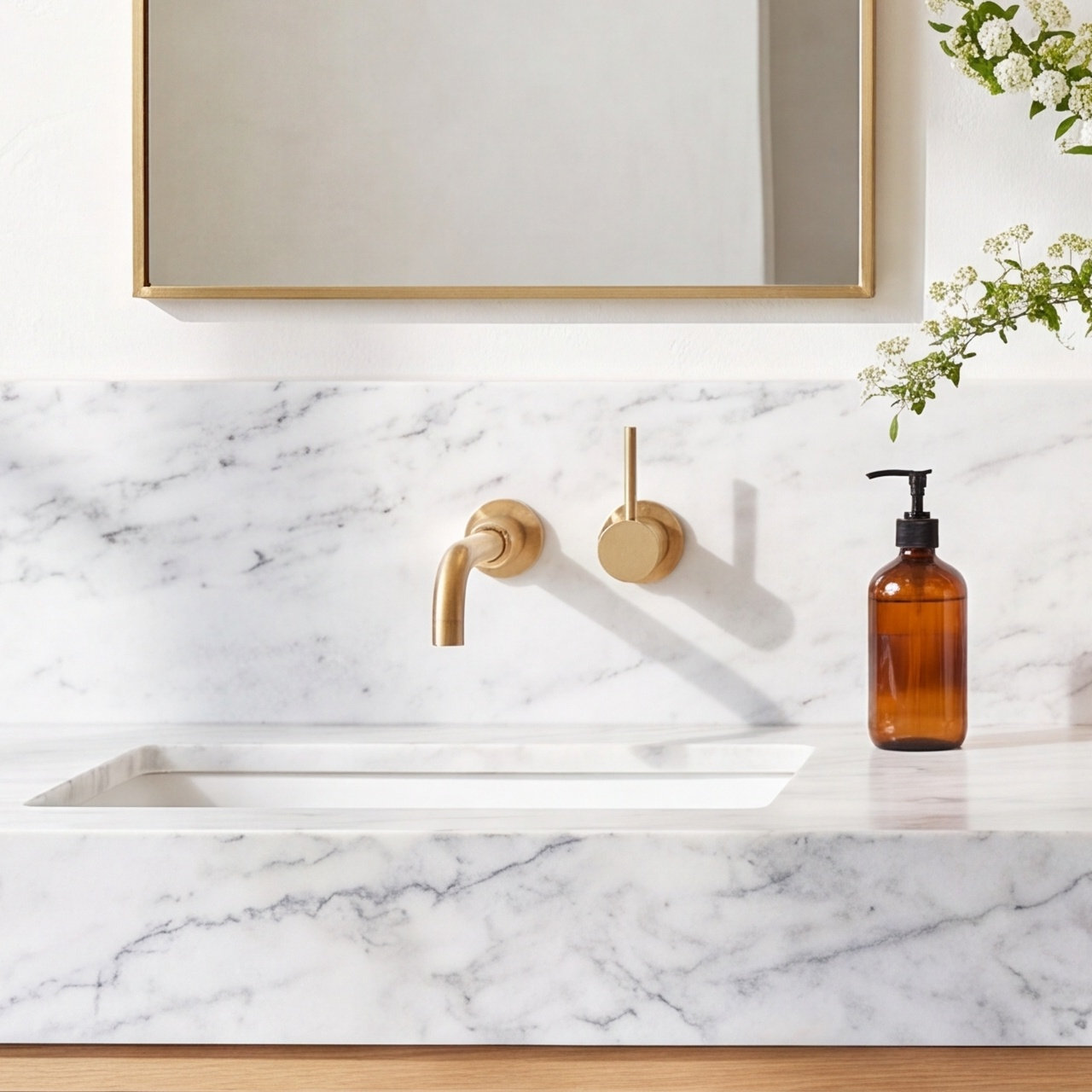 Lexia Wall-Mounted Widespread Bathroom Faucet, Brushed Gold