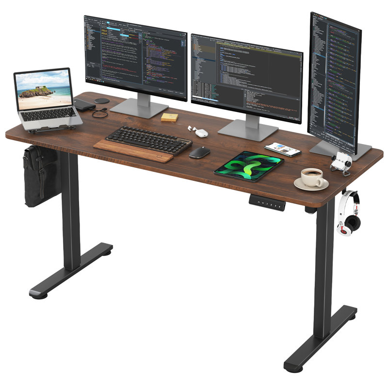 Electric Height Adjustable Home Office Standing Desk, Rustic Brown, Black, 140cm W x 60cm D