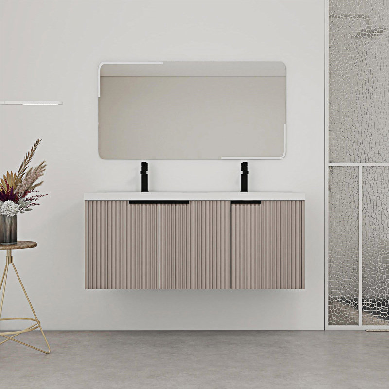 Meuble-lavabo mural avec lavabo double en résine, Kaki