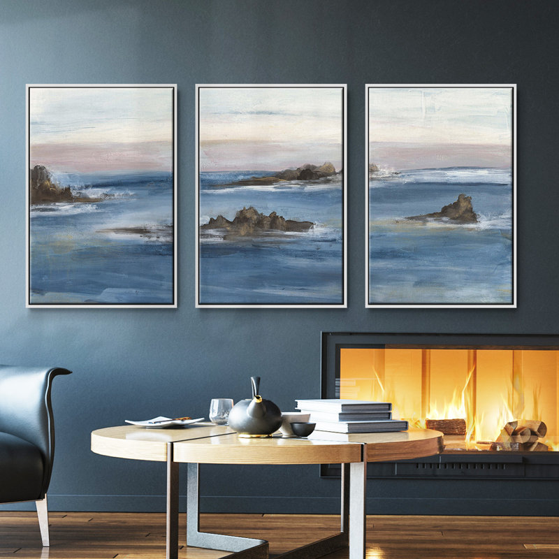 «Merging The Ocean I», ensemble de 3 toiles encadrées, Blanc, H 40 po x l 78 po