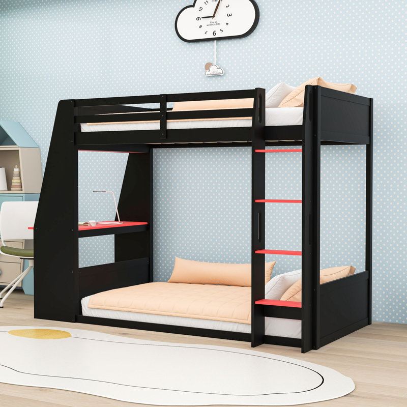 Lit superposé multifonctionnel en bois avec tablettes intégrées, bureau, station de charge et lumière DEL, Simple sur simple