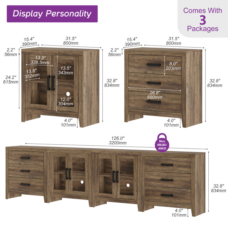 Eaton 4-Piece Modular Sideboard With Glass Doors & Drawers,Farmhouse Storage Cabinet For Living Room, Dining Room, Or Hallway, Brown