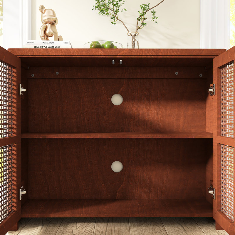 Buffet en rotin de style Mid-Century 39,4 "avec tablette, 2 trous de sortie, Noyer