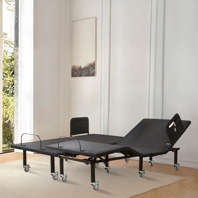 Structure de lit réglable avec rails de lit pour adultes, télécommande sans fil, éclairage sous le lit, pieds de roue de frein - base électrique réglable à base / inclinaison facile