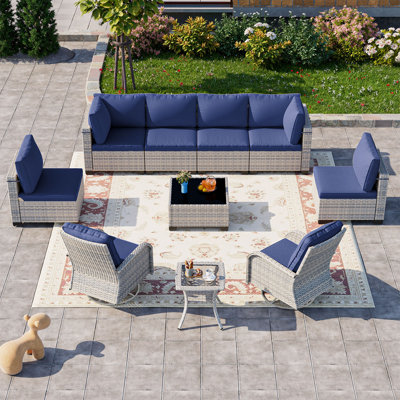 Ensemble de mobilier de patio 10 pièces, ensemble de mobilier d'extérieur avec chaises pivotantes, coussins épais, canapé modulaire, rotin en osier double brin, structure résistante à la rouille,