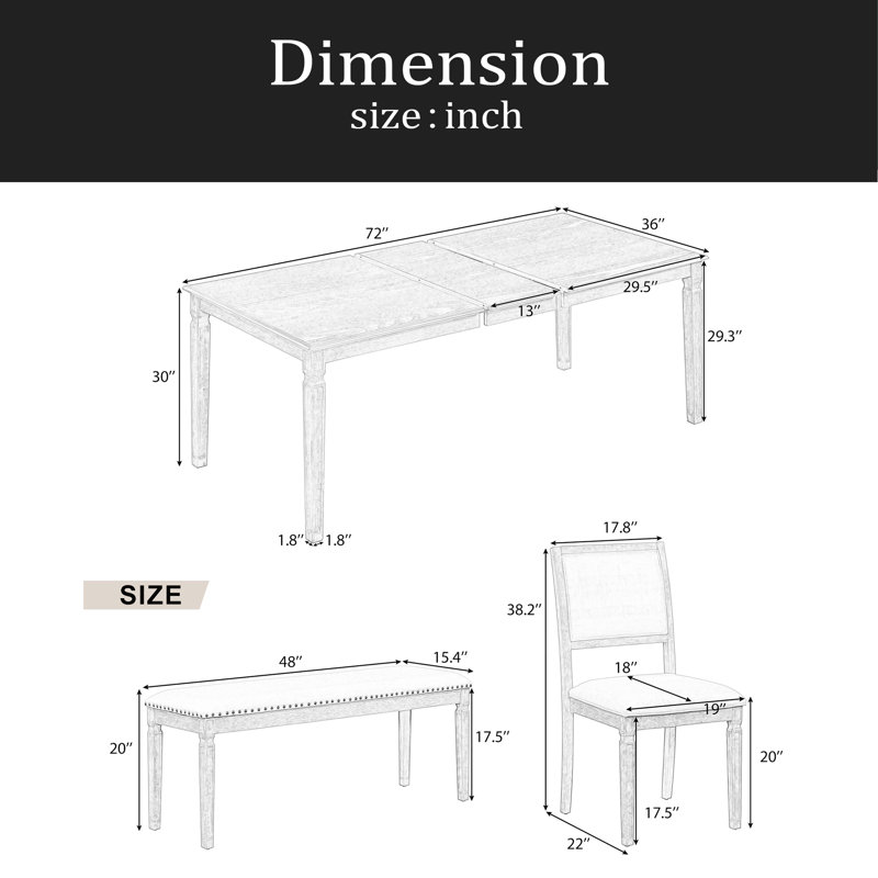 Vintage Extendable Dining Table Set For 6 With 4 Chairs & Bench, 59 To 72-Inch Rustic Farmhouse Kitchen Table Set With Distressed Finish And Retro Carved Legs